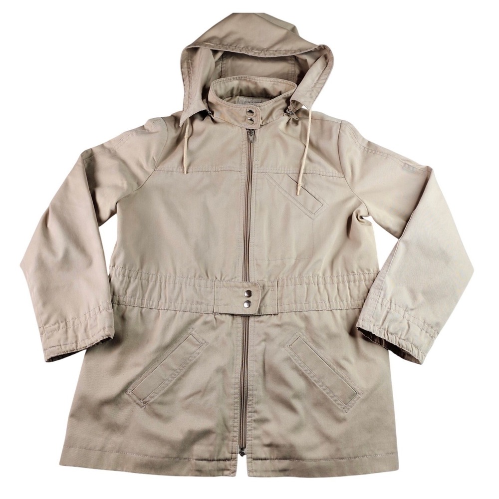 Parasol Utility Jacket Women L Tan Khaki Hooded Full Zip Cinched Waist Outdoor